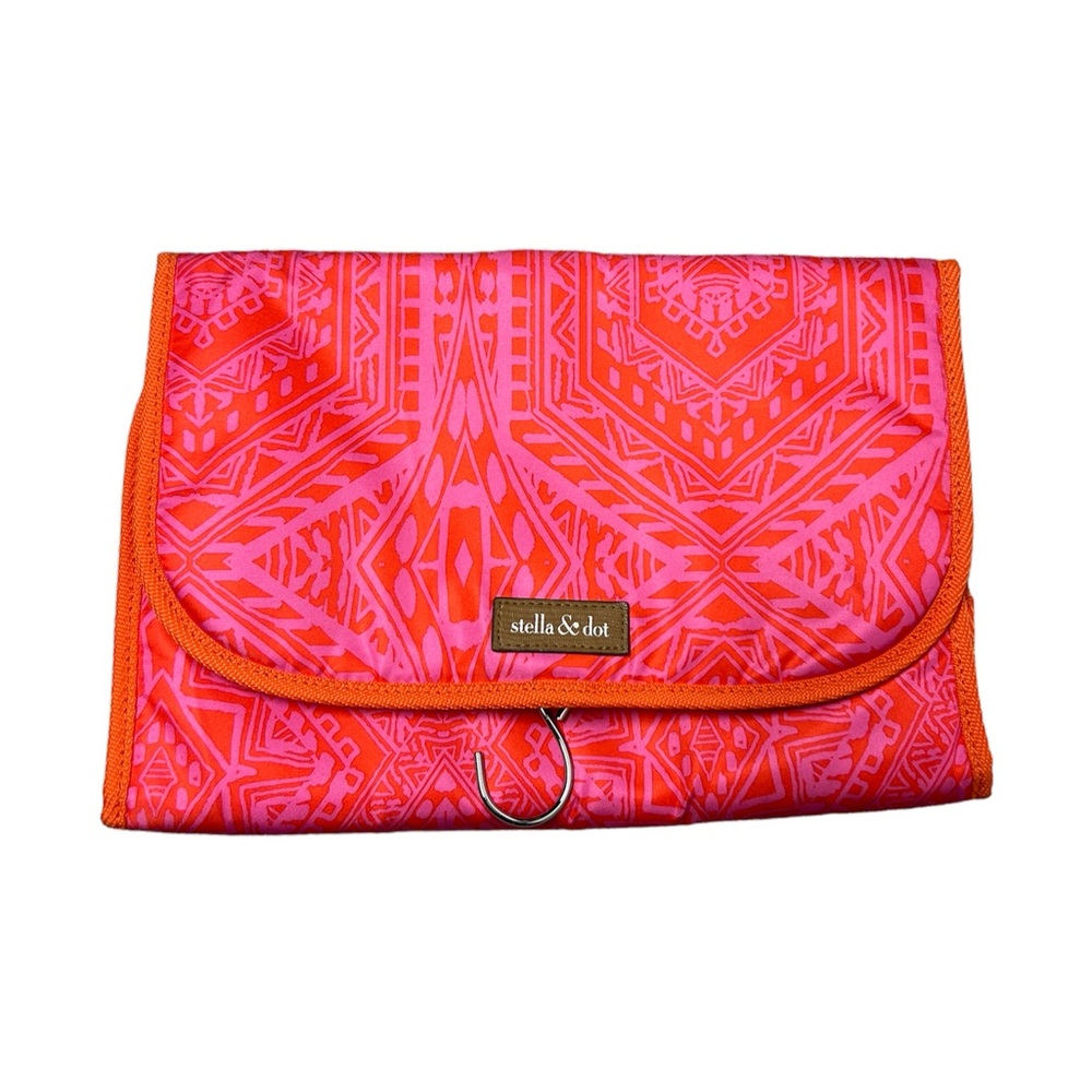 Stella & dot pink printed orange Travel makeup or jewelry trifold bag organizer